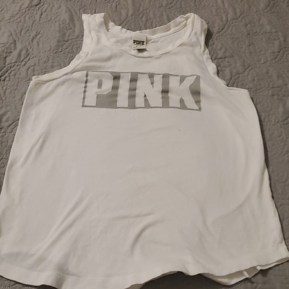 Victoria's Secret PINK White Tank with Gray Logo Size Small